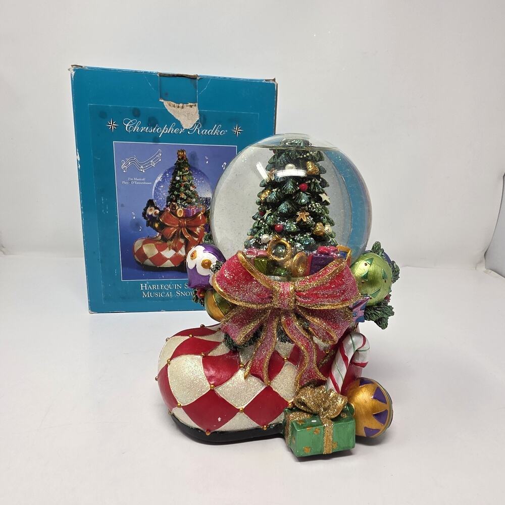 Christopher Radko Harlequin Stocking Snowglobe Musical w/Box Missing Topper